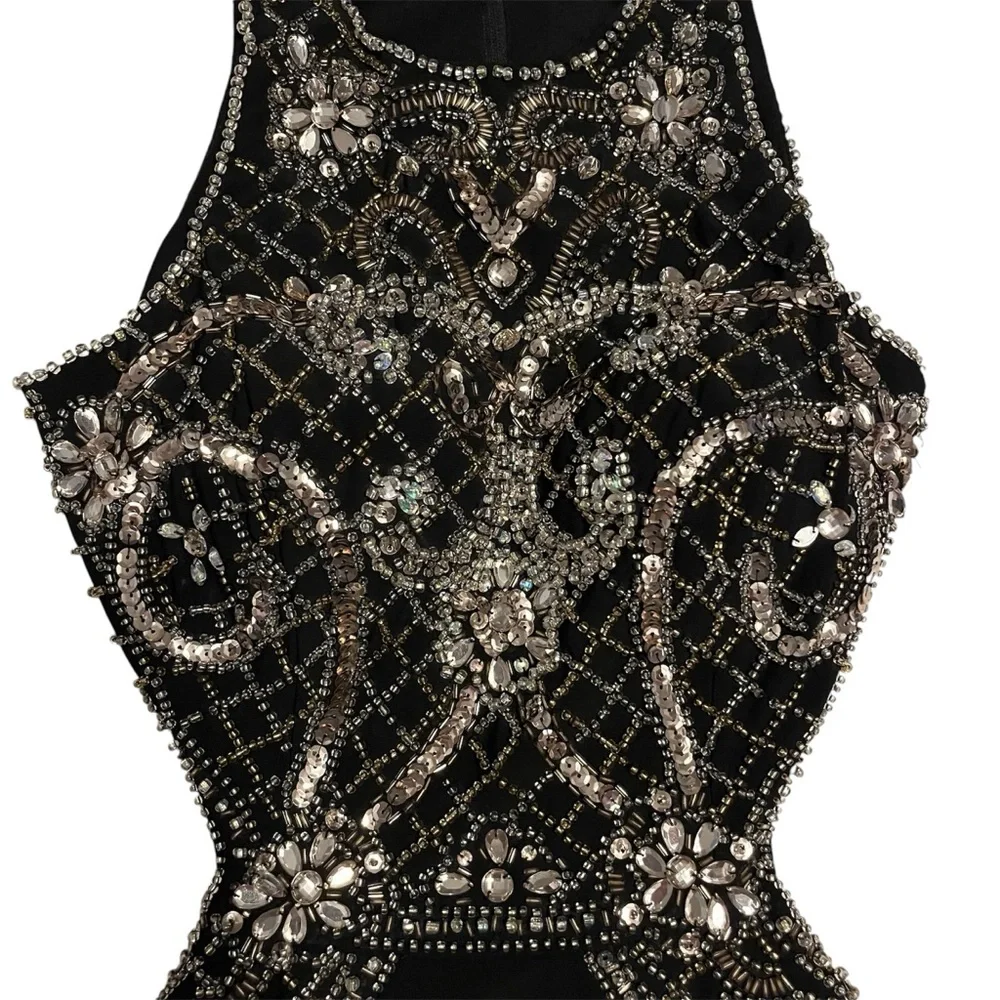 XSCAPE Long Black Beaded Sequin Open Back Sexy Formal Gown with Front Slit Sz 2 - Picture 9 of 14